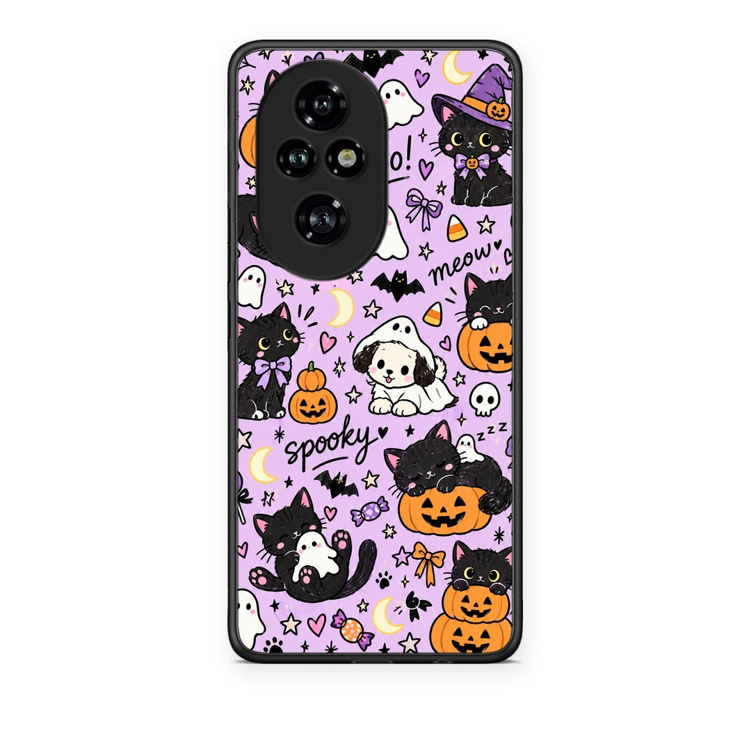 Θήκη Honor 200 Pro 5G Halloween Black Cats on Lilac από τη Smartfits με σχέδιο στο πίσω μέρος και μαύρο περίβλημα | Honor 200 Pro 5G Halloween Black Cats on Lilac case with colorful back and black bezels