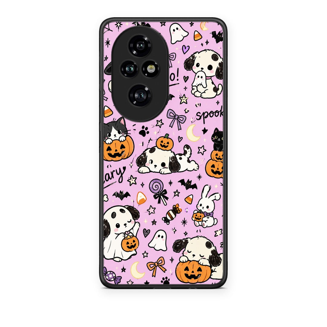 Θήκη Honor 200 Pro 5G Halloween Puppies and Friends on Lilac από τη Smartfits με σχέδιο στο πίσω μέρος και μαύρο περίβλημα | Honor 200 Pro 5G Halloween Puppies and Friends on Lilac case with colorful back and black bezels