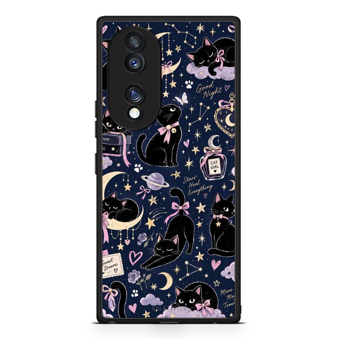 Θήκη Honor 70 5G Celestial Black Cats on Navy από τη Smartfits με σχέδιο στο πίσω μέρος και μαύρο περίβλημα | Honor 70 5G Celestial Black Cats on Navy case with colorful back and black bezels