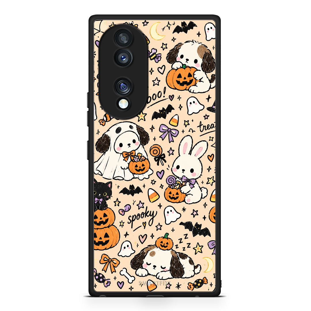Θήκη Honor 70 5G Halloween Puppies and Friends on Cream από τη Smartfits με σχέδιο στο πίσω μέρος και μαύρο περίβλημα | Honor 70 5G Halloween Puppies and Friends on Cream case with colorful back and black bezels