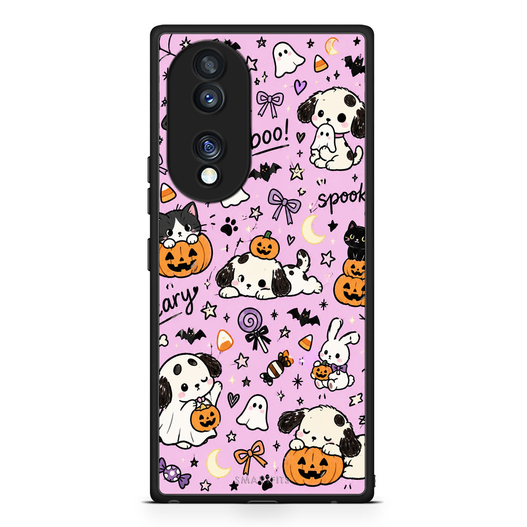 Θήκη Honor 70 5G Halloween Puppies and Friends on Lilac από τη Smartfits με σχέδιο στο πίσω μέρος και μαύρο περίβλημα | Honor 70 5G Halloween Puppies and Friends on Lilac case with colorful back and black bezels