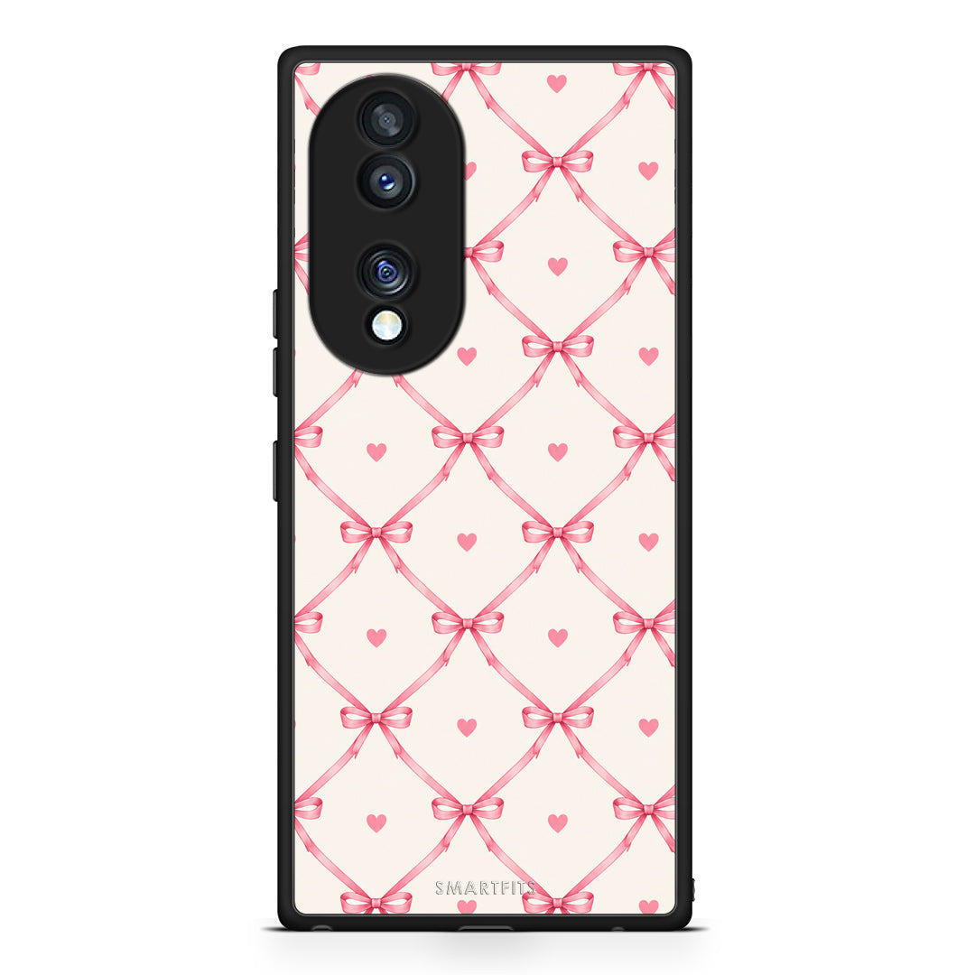 Θήκη Honor 70 5G Pink Bow Lattice and Hearts on Cream από τη Smartfits με σχέδιο στο πίσω μέρος και μαύρο περίβλημα | Honor 70 5G Pink Bow Lattice and Hearts on Cream case with colorful back and black bezels