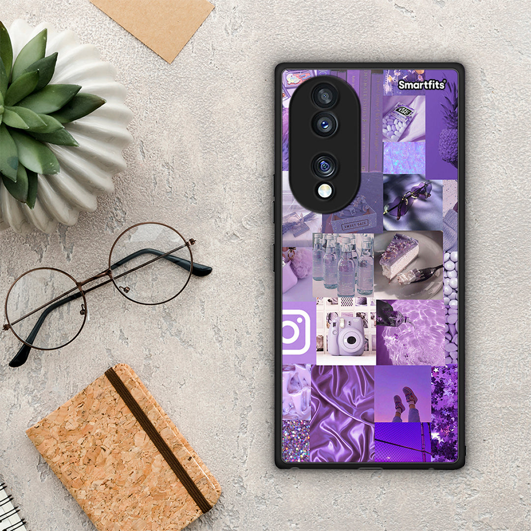 Θήκη Honor 70 5G Purple Aesthetic Collage από τη Smartfits με σχέδιο στο πίσω μέρος και μαύρο περίβλημα | Honor 70 5G Purple Aesthetic Collage Case with Colorful Back and Black Bezels