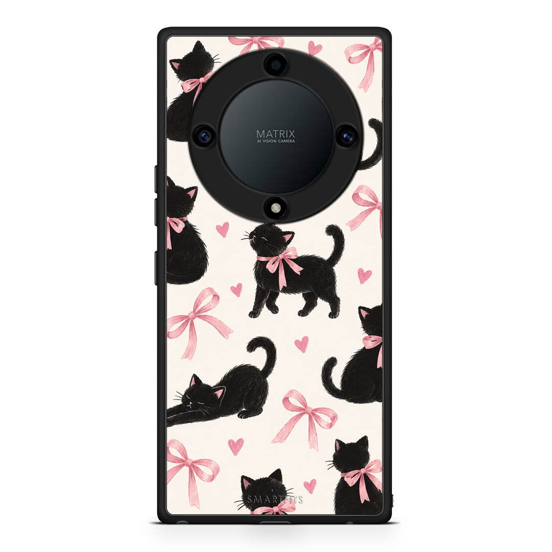 Θήκη Honor Magic5 Lite 5G / X9a Black Kittens and Pink Bows on Cream Large από τη Smartfits με σχέδιο στο πίσω μέρος και μαύρο περίβλημα | Honor Magic5 Lite 5G / X9a Black Kittens and Pink Bows on Cream Large case with colorful back and black bezels
