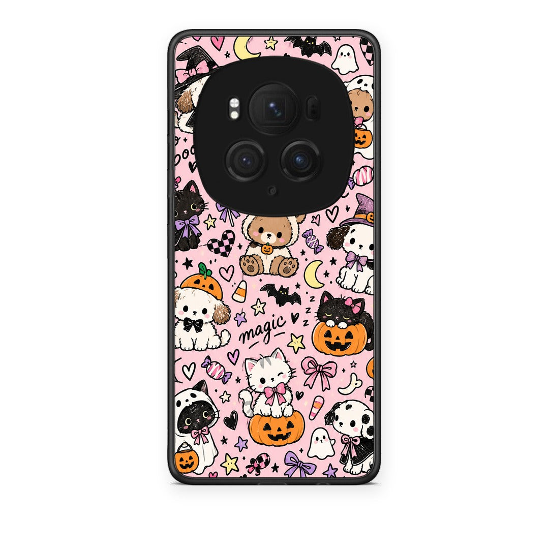 Θήκη Honor Magic6 Pro Halloween Cute Animals on Pink από τη Smartfits με σχέδιο στο πίσω μέρος και μαύρο περίβλημα | Honor Magic6 Pro Halloween Cute Animals on Pink case with colorful back and black bezels
