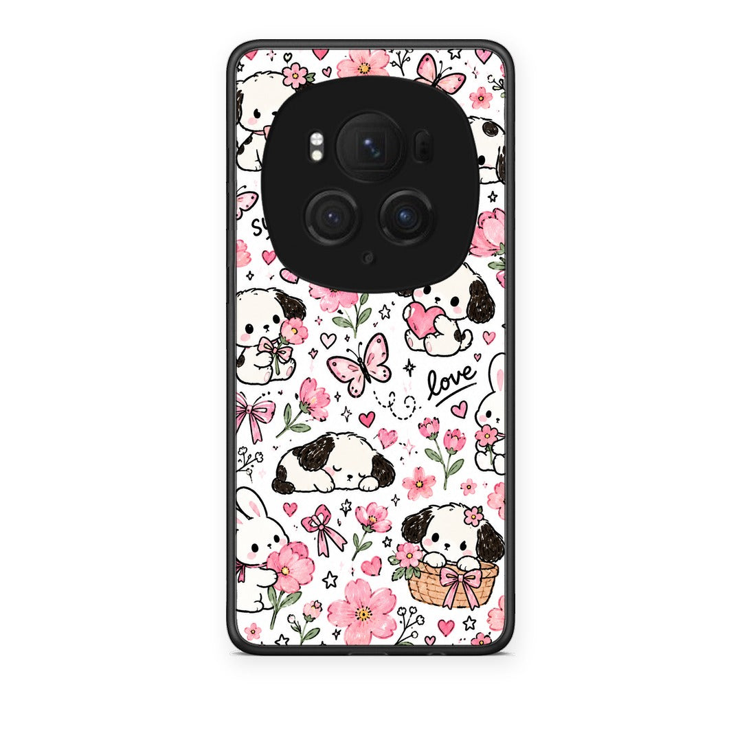 Θήκη Honor Magic6 Pro Pink Florals Puppies and Bunnies on White από τη Smartfits με σχέδιο στο πίσω μέρος και μαύρο περίβλημα | Honor Magic6 Pro Pink Florals Puppies and Bunnies on White case with colorful back and black bezels