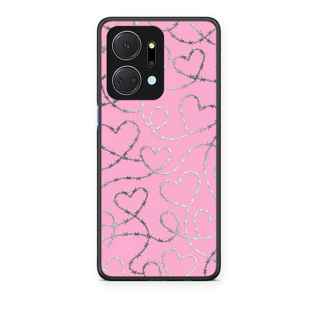 Θήκη Honor X7a Barbed Wire Hearts on Pink από τη Smartfits με σχέδιο στο πίσω μέρος και μαύρο περίβλημα | Honor X7a Barbed Wire Hearts on Pink case with colorful back and black bezels