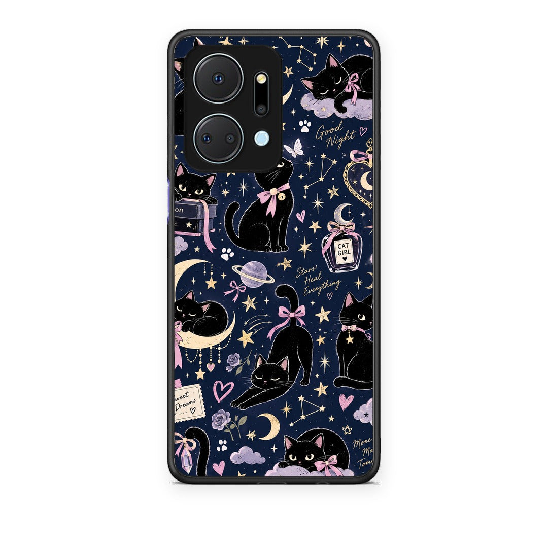 Θήκη Honor X7a Celestial Black Cats on Navy από τη Smartfits με σχέδιο στο πίσω μέρος και μαύρο περίβλημα | Honor X7a Celestial Black Cats on Navy case with colorful back and black bezels