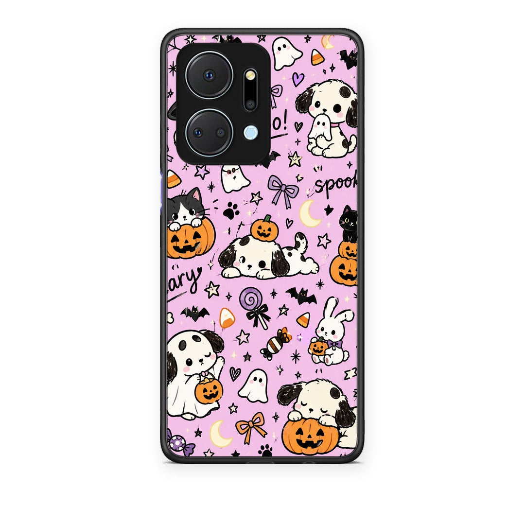 Θήκη Honor X7a Halloween Puppies and Friends on Lilac από τη Smartfits με σχέδιο στο πίσω μέρος και μαύρο περίβλημα | Honor X7a Halloween Puppies and Friends on Lilac case with colorful back and black bezels