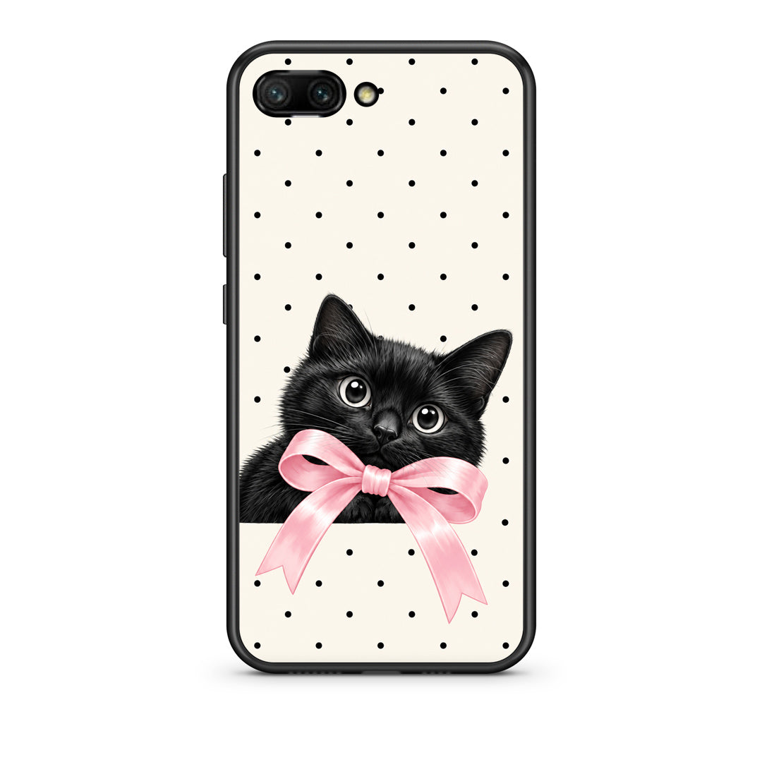 Θήκη Honor 10 Black Kitten Pink Bow and Polka Dots από τη Smartfits με σχέδιο στο πίσω μέρος και μαύρο περίβλημα | Honor 10 Black Kitten Pink Bow and Polka Dots case with colorful back and black bezels