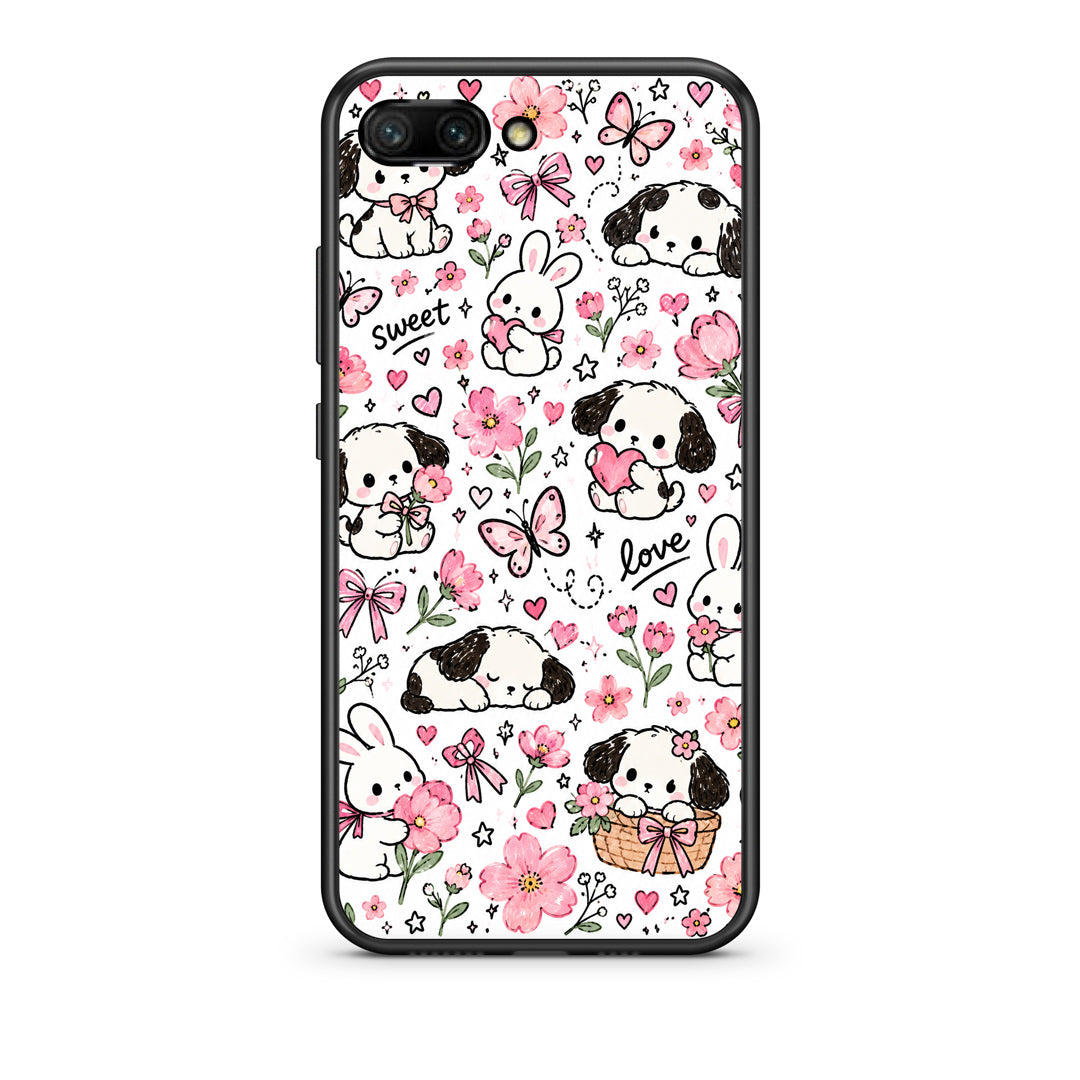 Θήκη Honor 10 Pink Florals Puppies and Bunnies on White από τη Smartfits με σχέδιο στο πίσω μέρος και μαύρο περίβλημα | Honor 10 Pink Florals Puppies and Bunnies on White case with colorful back and black bezels