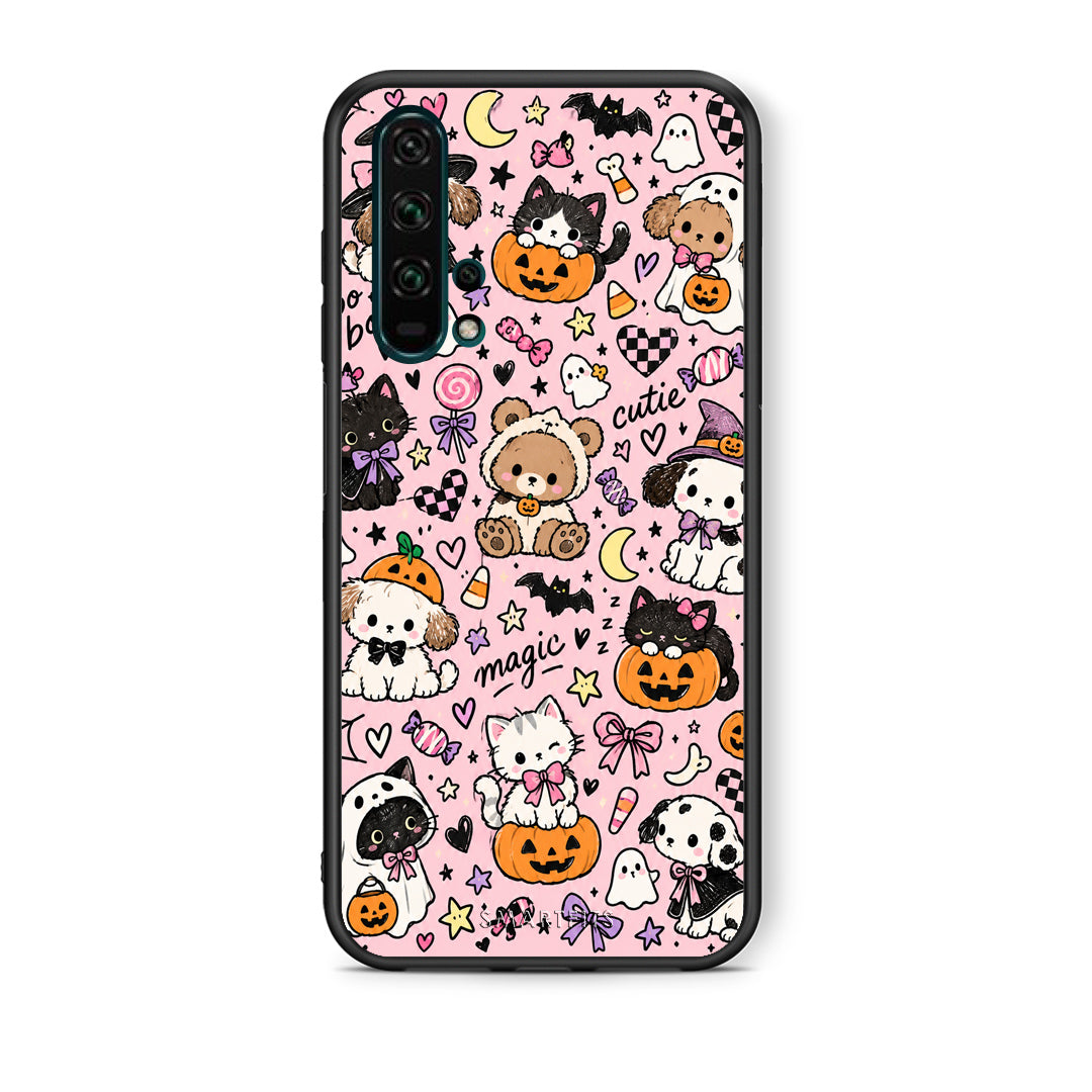 Θήκη Honor 20 Pro Halloween Cute Animals on Pink από τη Smartfits με σχέδιο στο πίσω μέρος και μαύρο περίβλημα | Honor 20 Pro Halloween Cute Animals on Pink case with colorful back and black bezels