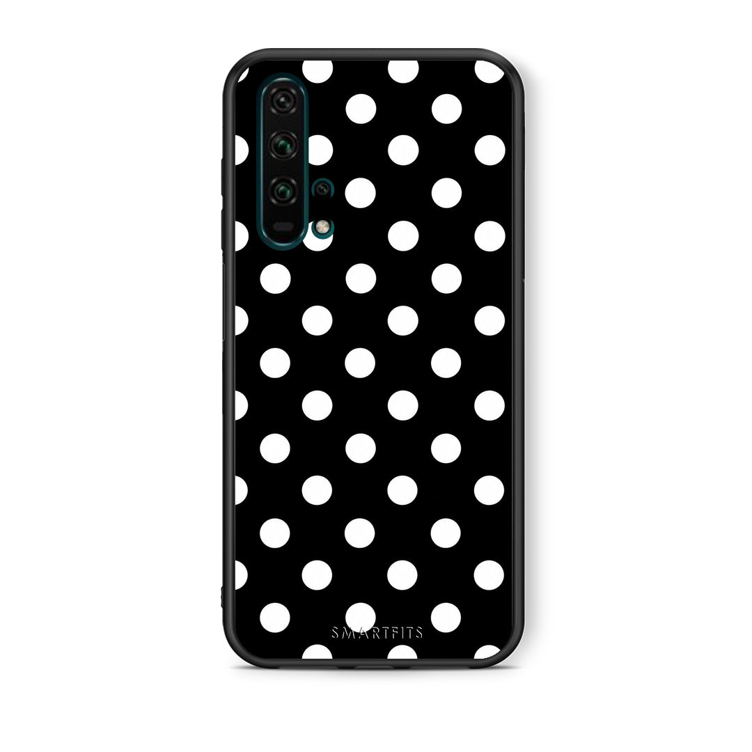 Θήκη Honor 20 Pro White Polka Dots on Black από τη Smartfits με σχέδιο στο πίσω μέρος και μαύρο περίβλημα | Honor 20 Pro White Polka Dots on Black case with colorful back and black bezels