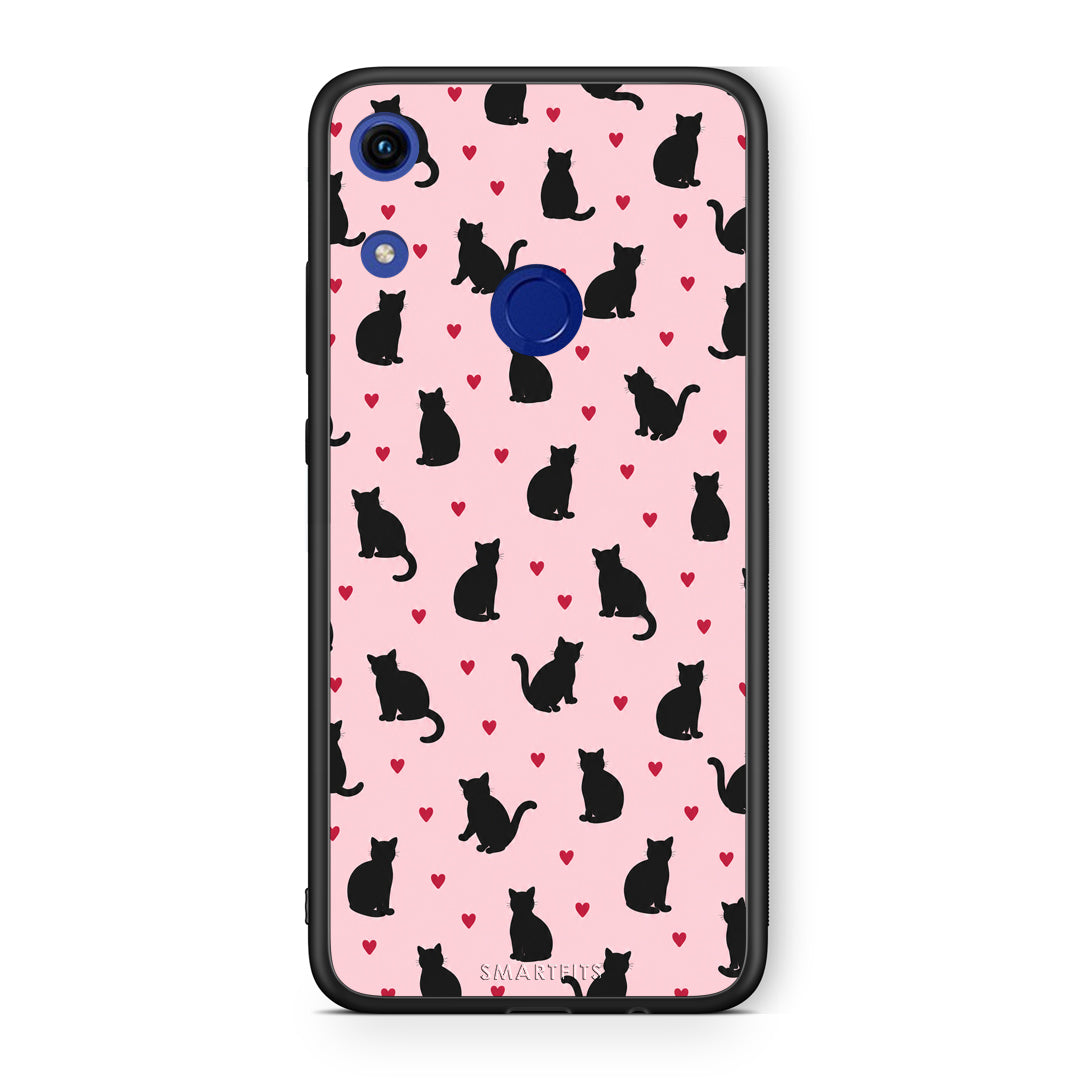Θήκη Honor 8A Black Cat Silhouettes and Hearts on Pink από τη Smartfits με σχέδιο στο πίσω μέρος και μαύρο περίβλημα | Honor 8A Black Cat Silhouettes and Hearts on Pink case with colorful back and black bezels