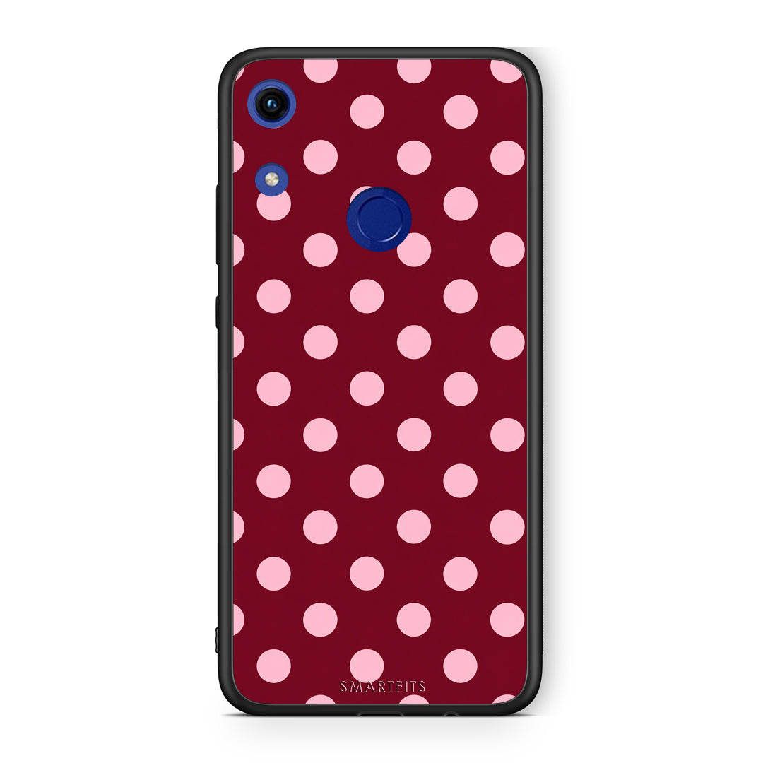 Θήκη Honor 8A Pink Polka Dots on Burgundy από τη Smartfits με σχέδιο στο πίσω μέρος και μαύρο περίβλημα | Honor 8A Pink Polka Dots on Burgundy case with colorful back and black bezels