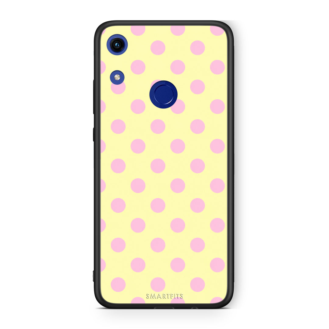 Θήκη Honor 8A Pink Polka Dots on Yellow από τη Smartfits με σχέδιο στο πίσω μέρος και μαύρο περίβλημα | Honor 8A Pink Polka Dots on Yellow case with colorful back and black bezels