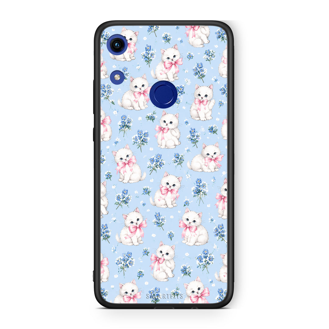 Θήκη Honor 8A White Kittens and Blue Flowers Small από τη Smartfits με σχέδιο στο πίσω μέρος και μαύρο περίβλημα | Honor 8A White Kittens and Blue Flowers Small case with colorful back and black bezels