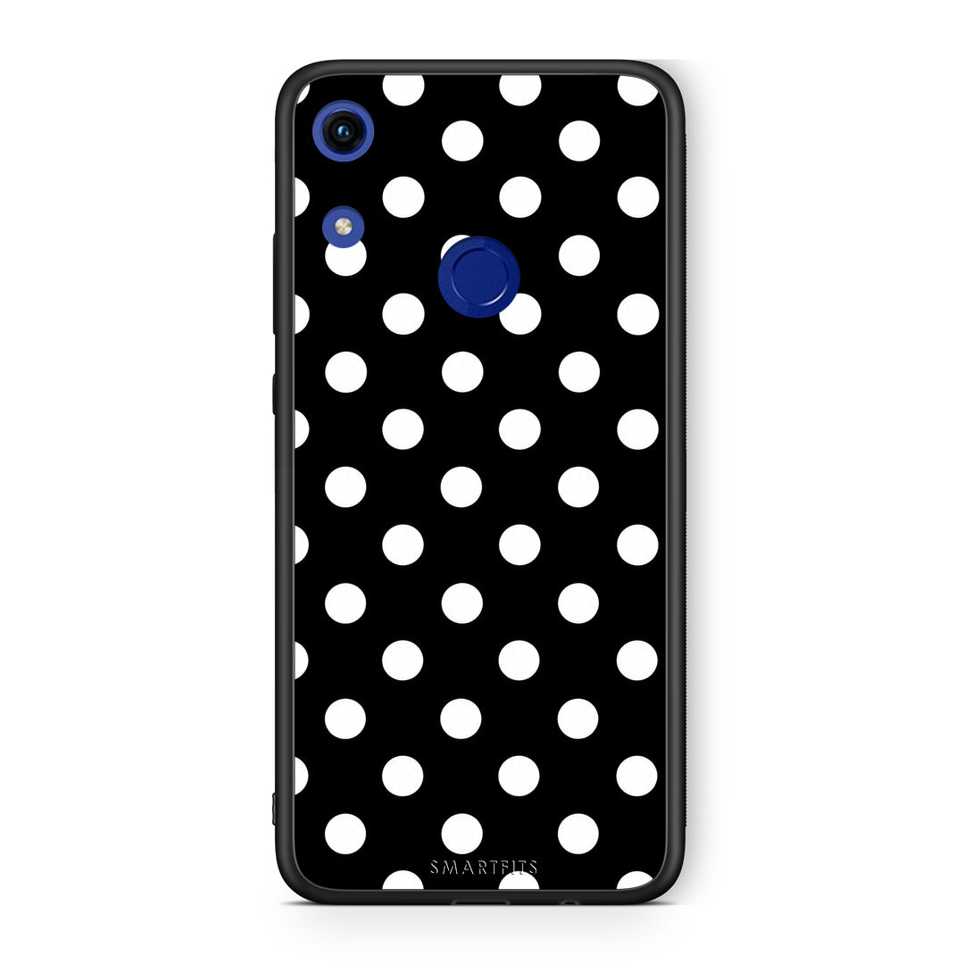 Θήκη Honor 8A White Polka Dots on Black από τη Smartfits με σχέδιο στο πίσω μέρος και μαύρο περίβλημα | Honor 8A White Polka Dots on Black case with colorful back and black bezels