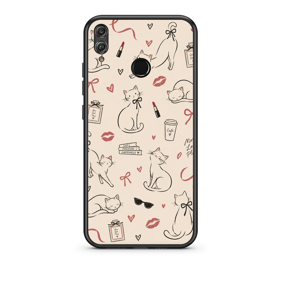 Θήκη Honor 8x Minimal Cat and Fashion Doodles on Cream από τη Smartfits με σχέδιο στο πίσω μέρος και μαύρο περίβλημα | Honor 8x Minimal Cat and Fashion Doodles on Cream case with colorful back and black bezels