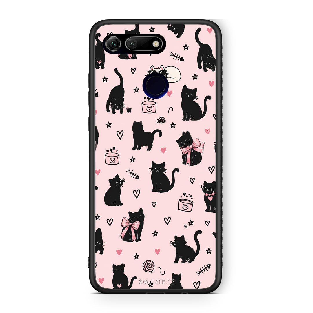 Θήκη Honor View 20 Black Cat Doodles on Pink από τη Smartfits με σχέδιο στο πίσω μέρος και μαύρο περίβλημα | Honor View 20 Black Cat Doodles on Pink case with colorful back and black bezels