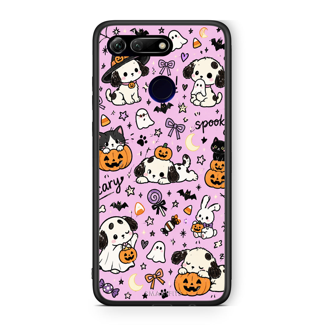 Θήκη Honor View 20 Halloween Puppies and Friends on Lilac από τη Smartfits με σχέδιο στο πίσω μέρος και μαύρο περίβλημα | Honor View 20 Halloween Puppies and Friends on Lilac case with colorful back and black bezels