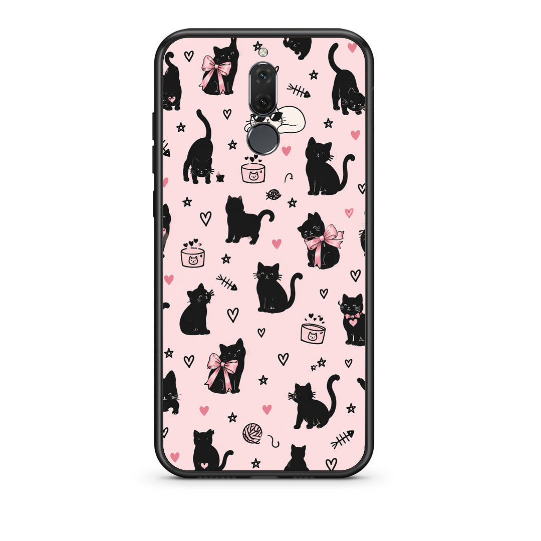 Θήκη Huawei Mate 10 Lite Black Cat Doodles on Pink από τη Smartfits με σχέδιο στο πίσω μέρος και μαύρο περίβλημα | Huawei Mate 10 Lite Black Cat Doodles on Pink case with colorful back and black bezels