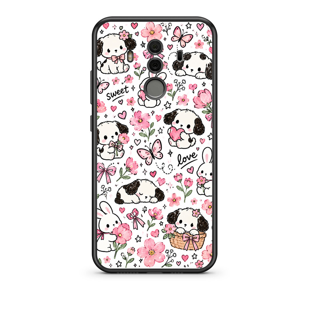 Θήκη Huawei Mate 10 Pro Pink Florals Puppies and Bunnies on White από τη Smartfits με σχέδιο στο πίσω μέρος και μαύρο περίβλημα | Huawei Mate 10 Pro Pink Florals Puppies and Bunnies on White case with colorful back and black bezels