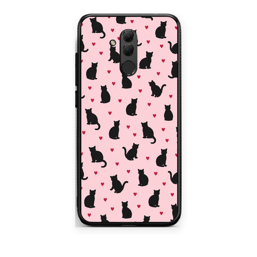 Θήκη Huawei Mate 20 Lite Black Cat Silhouettes and Hearts on Pink από τη Smartfits με σχέδιο στο πίσω μέρος και μαύρο περίβλημα | Huawei Mate 20 Lite Black Cat Silhouettes and Hearts on Pink case with colorful back and black bezels