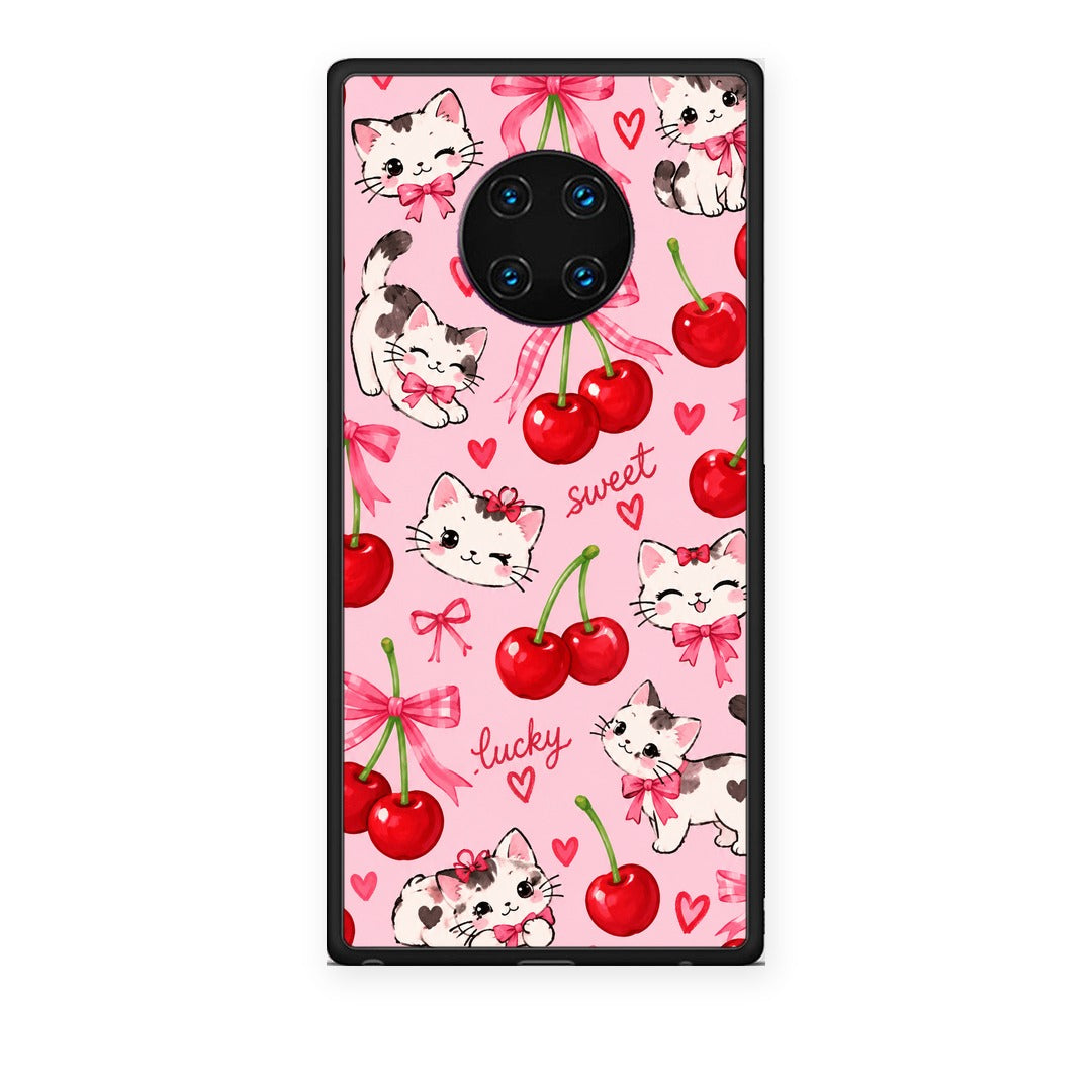 Θήκη Huawei Mate 30 Pro Cherries Bows and Kittens on Pink από τη Smartfits με σχέδιο στο πίσω μέρος και μαύρο περίβλημα | Huawei Mate 30 Pro Cherries Bows and Kittens on Pink case with colorful back and black bezels
