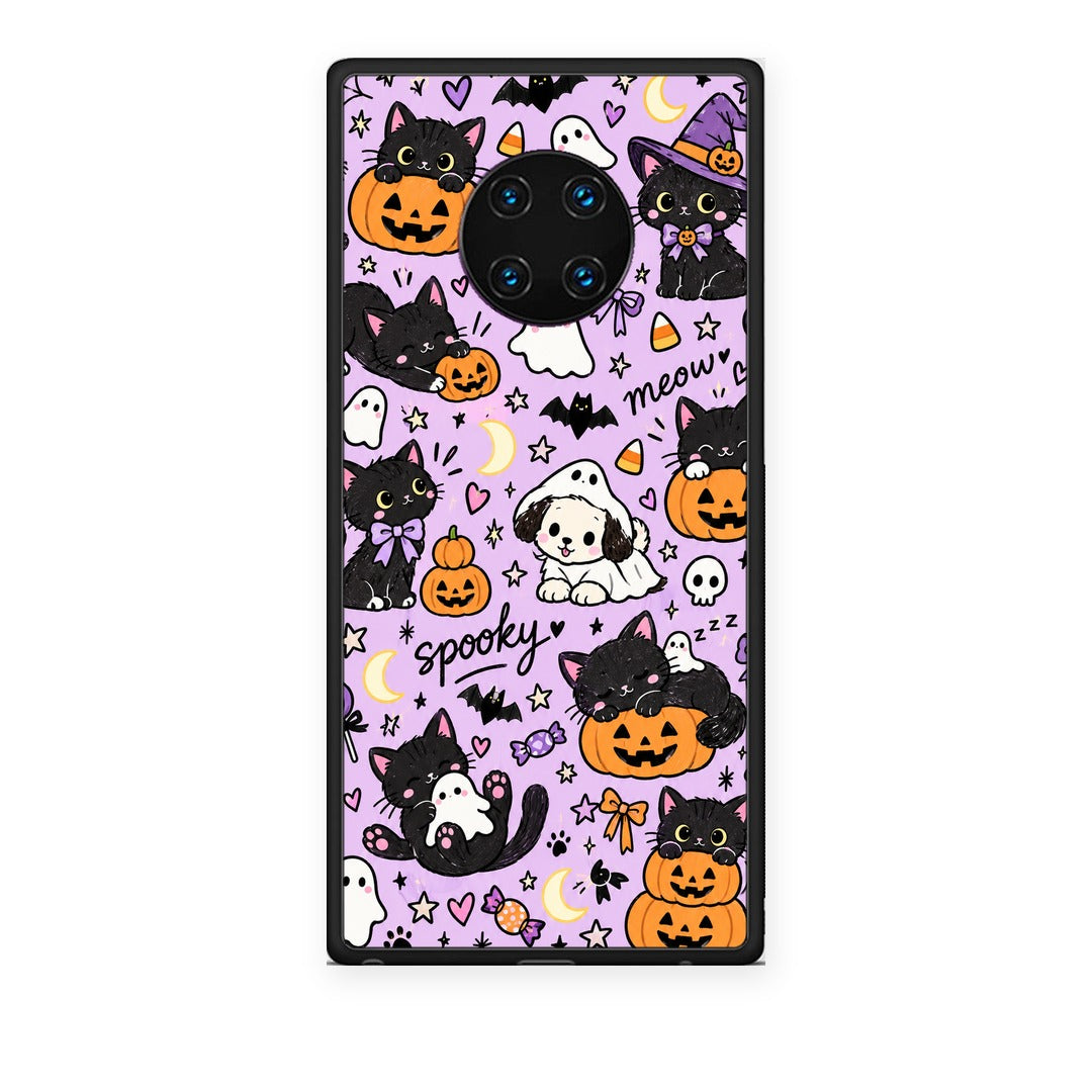 Θήκη Huawei Mate 30 Pro Halloween Black Cats on Lilac από τη Smartfits με σχέδιο στο πίσω μέρος και μαύρο περίβλημα | Huawei Mate 30 Pro Halloween Black Cats on Lilac case with colorful back and black bezels