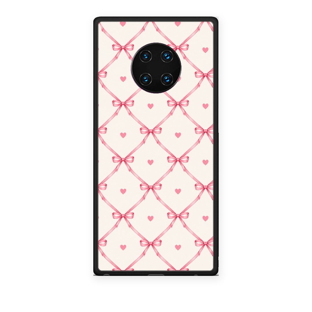 Θήκη Huawei Mate 30 Pro Pink Bow Lattice and Hearts on Cream από τη Smartfits με σχέδιο στο πίσω μέρος και μαύρο περίβλημα | Huawei Mate 30 Pro Pink Bow Lattice and Hearts on Cream case with colorful back and black bezels