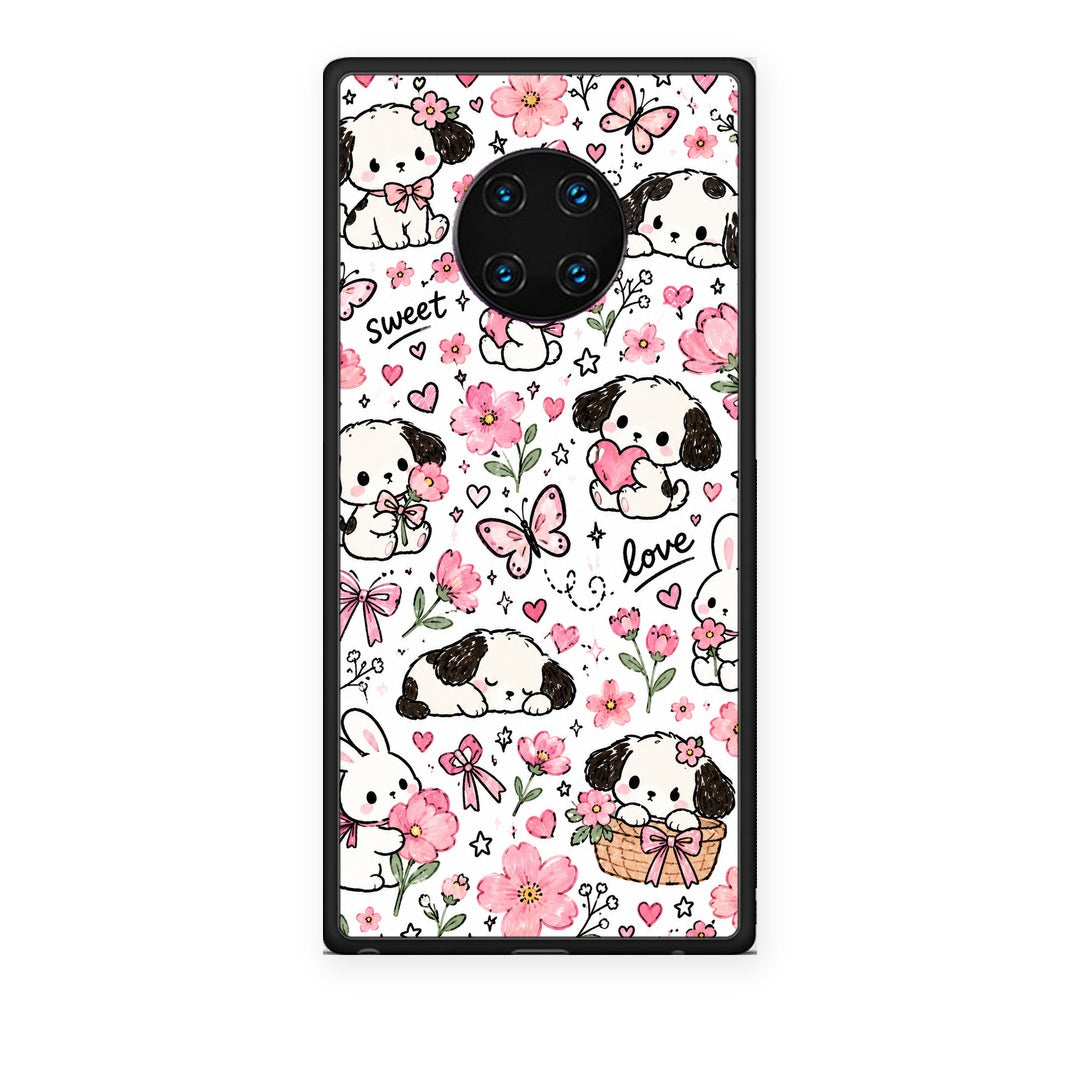 Θήκη Huawei Mate 30 Pro Pink Florals Puppies and Bunnies on White από τη Smartfits με σχέδιο στο πίσω μέρος και μαύρο περίβλημα | Huawei Mate 30 Pro Pink Florals Puppies and Bunnies on White case with colorful back and black bezels