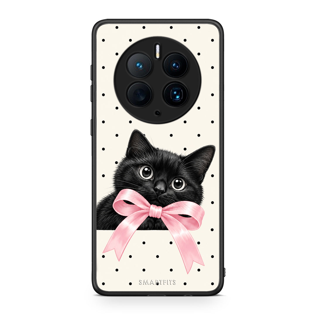 Θήκη Huawei Mate 50 Pro Black Kitten Pink Bow and Polka Dots από τη Smartfits με σχέδιο στο πίσω μέρος και μαύρο περίβλημα | Huawei Mate 50 Pro Black Kitten Pink Bow and Polka Dots case with colorful back and black bezels