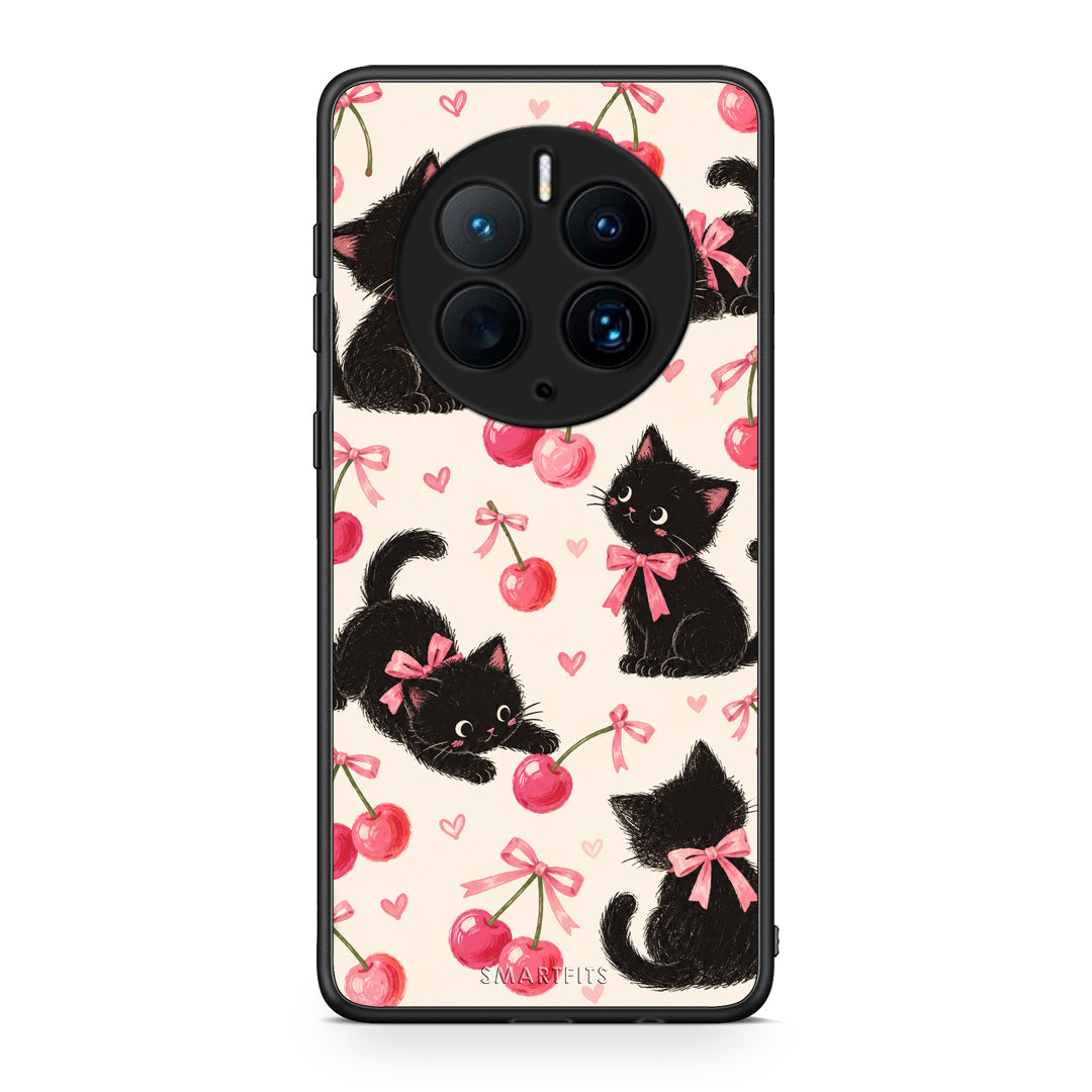 Θήκη Huawei Mate 50 Pro Black Kittens and Cherries on Cream από τη Smartfits με σχέδιο στο πίσω μέρος και μαύρο περίβλημα | Huawei Mate 50 Pro Black Kittens and Cherries on Cream case with colorful back and black bezels