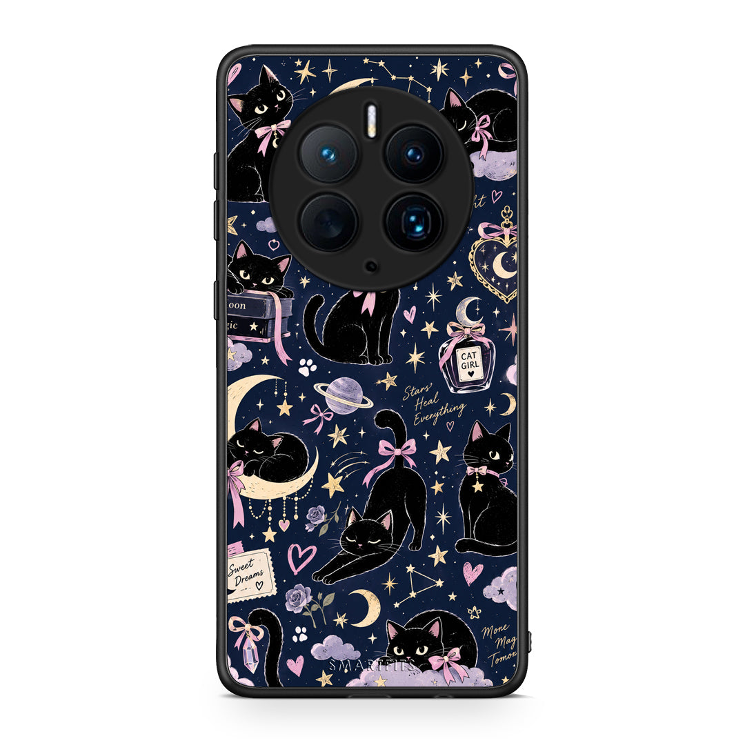 Θήκη Huawei Mate 50 Pro Celestial Black Cats on Navy από τη Smartfits με σχέδιο στο πίσω μέρος και μαύρο περίβλημα | Huawei Mate 50 Pro Celestial Black Cats on Navy case with colorful back and black bezels