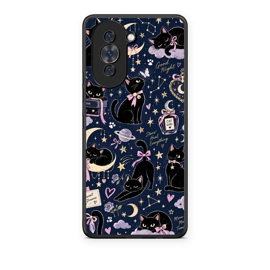 Θήκη Huawei Nova 10 Celestial Black Cats on Navy από τη Smartfits με σχέδιο στο πίσω μέρος και μαύρο περίβλημα | Huawei Nova 10 Celestial Black Cats on Navy case with colorful back and black bezels