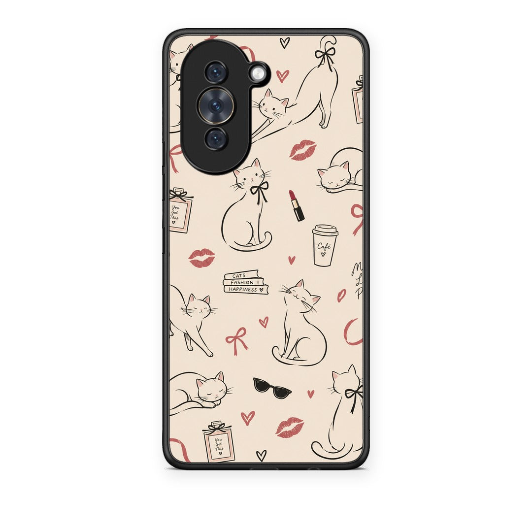 Θήκη Huawei Nova 10 Minimal Cat and Fashion Doodles on Cream από τη Smartfits με σχέδιο στο πίσω μέρος και μαύρο περίβλημα | Huawei Nova 10 Minimal Cat and Fashion Doodles on Cream case with colorful back and black bezels