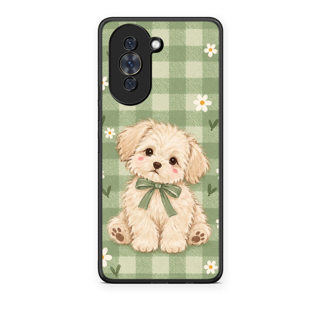Θήκη Huawei Nova 10 Puppy and Daisies on Sage Gingham από τη Smartfits με σχέδιο στο πίσω μέρος και μαύρο περίβλημα | Huawei Nova 10 Puppy and Daisies on Sage Gingham case with colorful back and black bezels