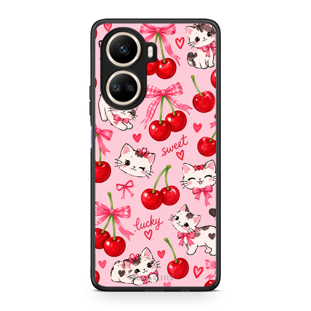 Θήκη Huawei Nova 10 SE Cherries Bows and Kittens on Pink από τη Smartfits με σχέδιο στο πίσω μέρος και μαύρο περίβλημα | Huawei Nova 10 SE Cherries Bows and Kittens on Pink case with colorful back and black bezels