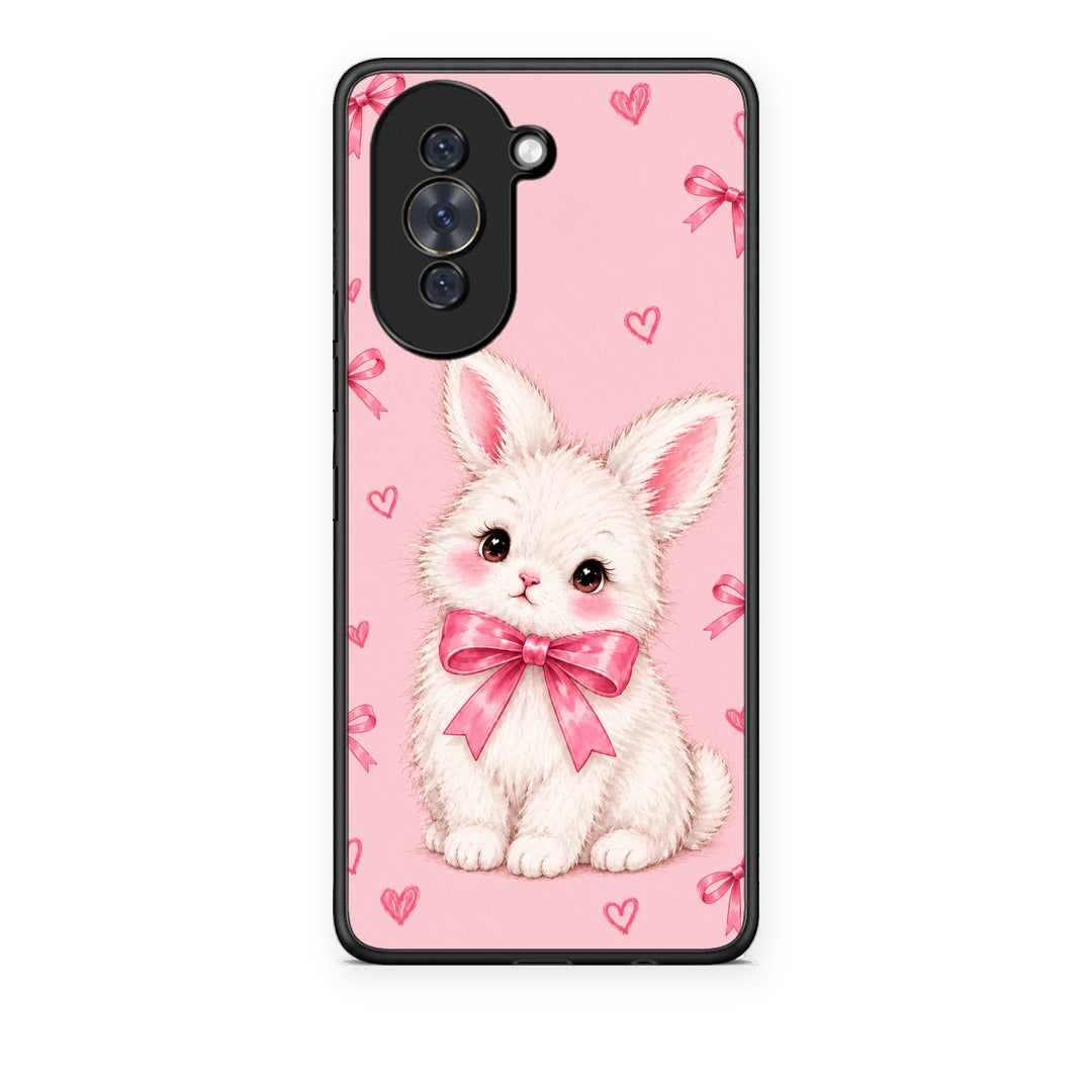 Θήκη Huawei Nova 10 White Bunny and Pink Bows από τη Smartfits με σχέδιο στο πίσω μέρος και μαύρο περίβλημα | Huawei Nova 10 White Bunny and Pink Bows case with colorful back and black bezels