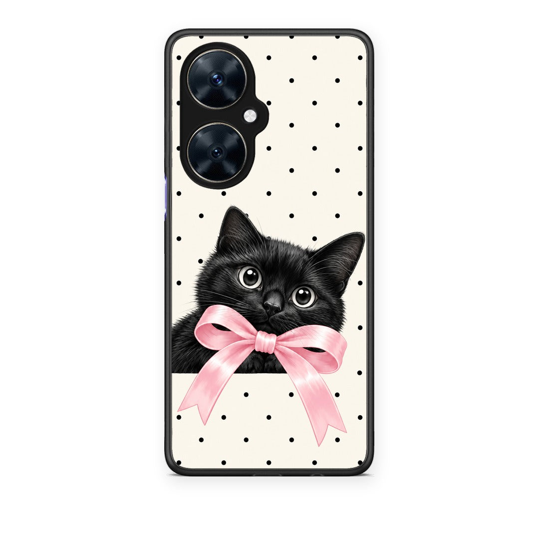 Θήκη Huawei Nova 11i Black Kitten Pink Bow and Polka Dots από τη Smartfits με σχέδιο στο πίσω μέρος και μαύρο περίβλημα | Huawei Nova 11i Black Kitten Pink Bow and Polka Dots case with colorful back and black bezels