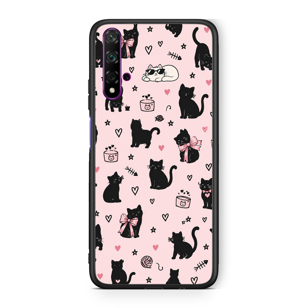 Θήκη Huawei Nova 5T / Honor 20 Black Cat Doodles on Pink από τη Smartfits με σχέδιο στο πίσω μέρος και μαύρο περίβλημα | Huawei Nova 5T / Honor 20 Black Cat Doodles on Pink case with colorful back and black bezels