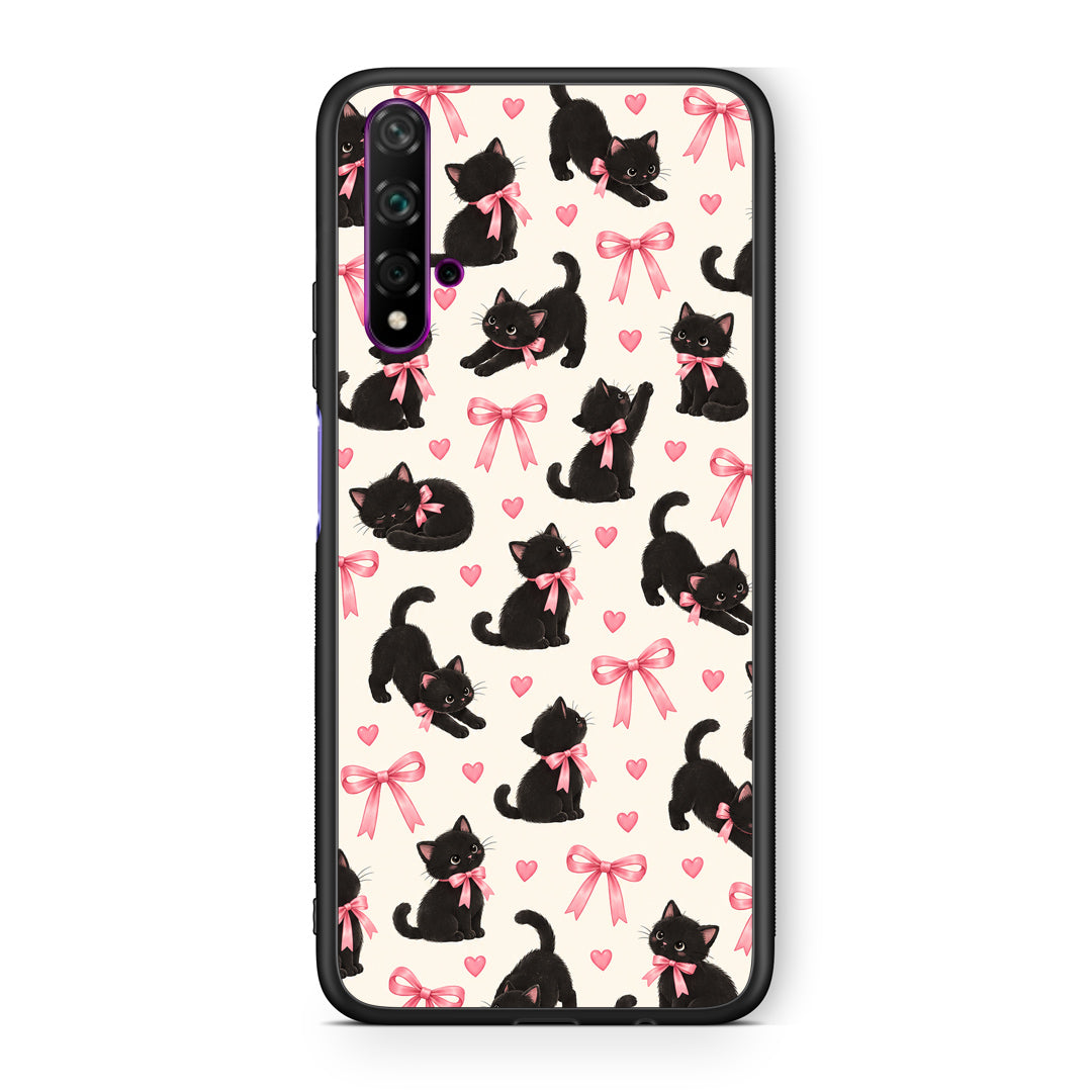 Θήκη Huawei Nova 5T / Honor 20 Black Kittens and Pink Bows on Cream Small από τη Smartfits με σχέδιο στο πίσω μέρος και μαύρο περίβλημα | Huawei Nova 5T / Honor 20 Black Kittens and Pink Bows on Cream Small case with colorful back and black bezels