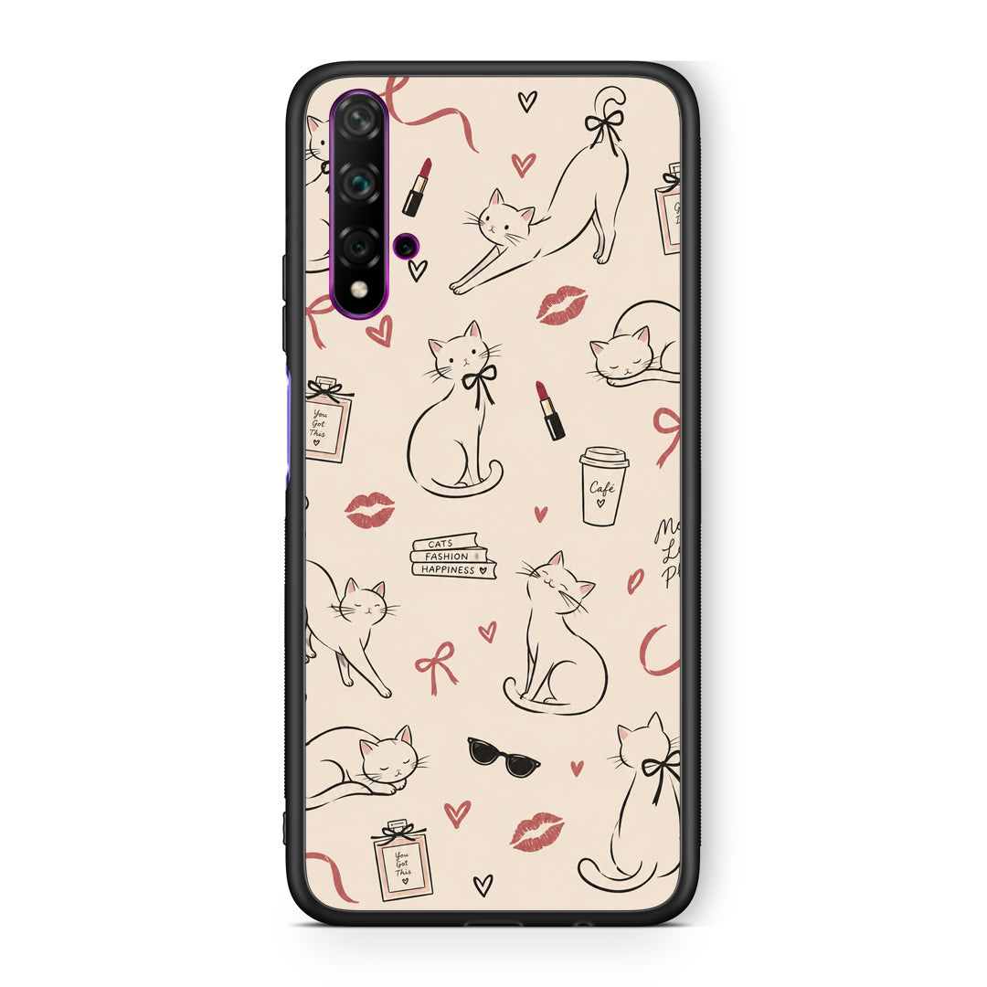 Θήκη Huawei Nova 5T / Honor 20 Minimal Cat and Fashion Doodles on Cream από τη Smartfits με σχέδιο στο πίσω μέρος και μαύρο περίβλημα | Huawei Nova 5T / Honor 20 Minimal Cat and Fashion Doodles on Cream case with colorful back and black bezels