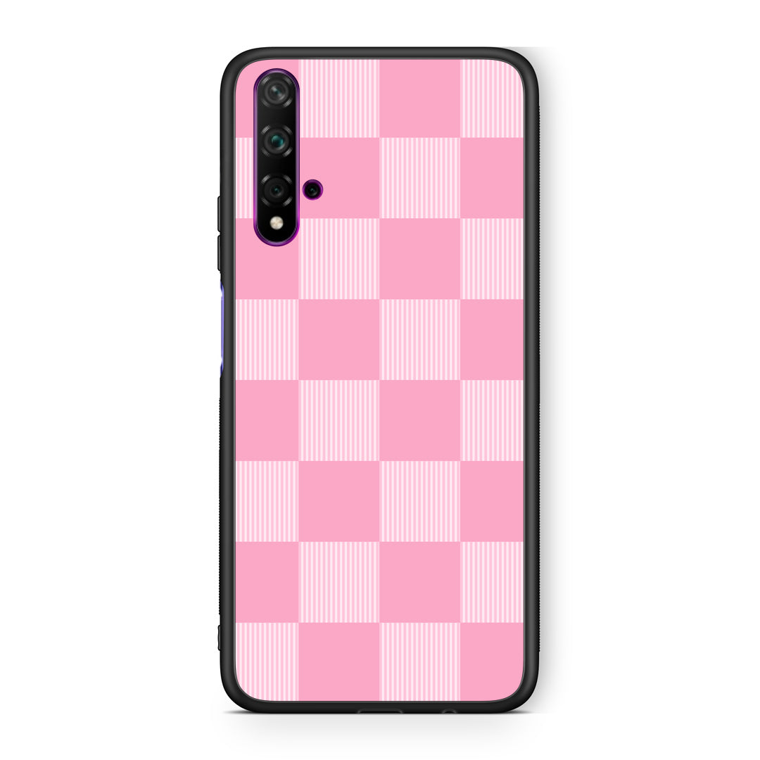 Θήκη Huawei Nova 5T / Honor 20 Pink and White Striped Checks από τη Smartfits με σχέδιο στο πίσω μέρος και μαύρο περίβλημα | Huawei Nova 5T / Honor 20 Pink and White Striped Checks case with colorful back and black bezels