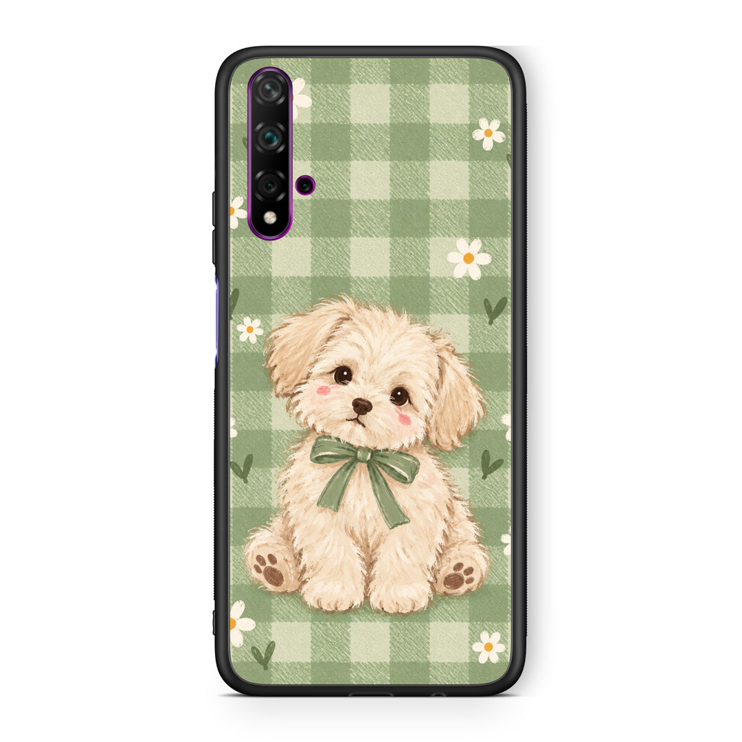 Θήκη Huawei Nova 5T / Honor 20 Puppy and Daisies on Sage Gingham από τη Smartfits με σχέδιο στο πίσω μέρος και μαύρο περίβλημα | Huawei Nova 5T / Honor 20 Puppy and Daisies on Sage Gingham case with colorful back and black bezels