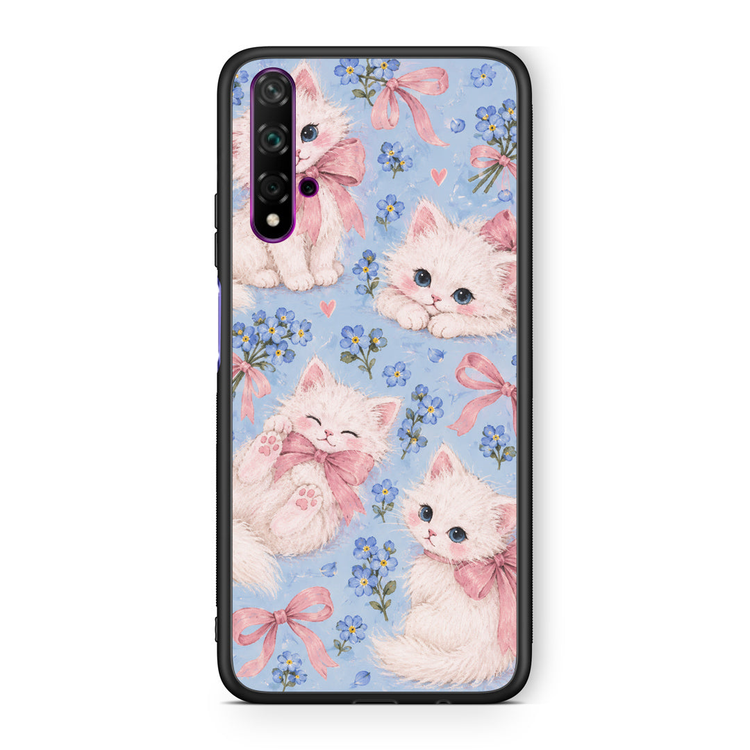 Θήκη Huawei Nova 5T / Honor 20 White Kittens and Blue Flowers Large από τη Smartfits με σχέδιο στο πίσω μέρος και μαύρο περίβλημα | Huawei Nova 5T / Honor 20 White Kittens and Blue Flowers Large case with colorful back and black bezels