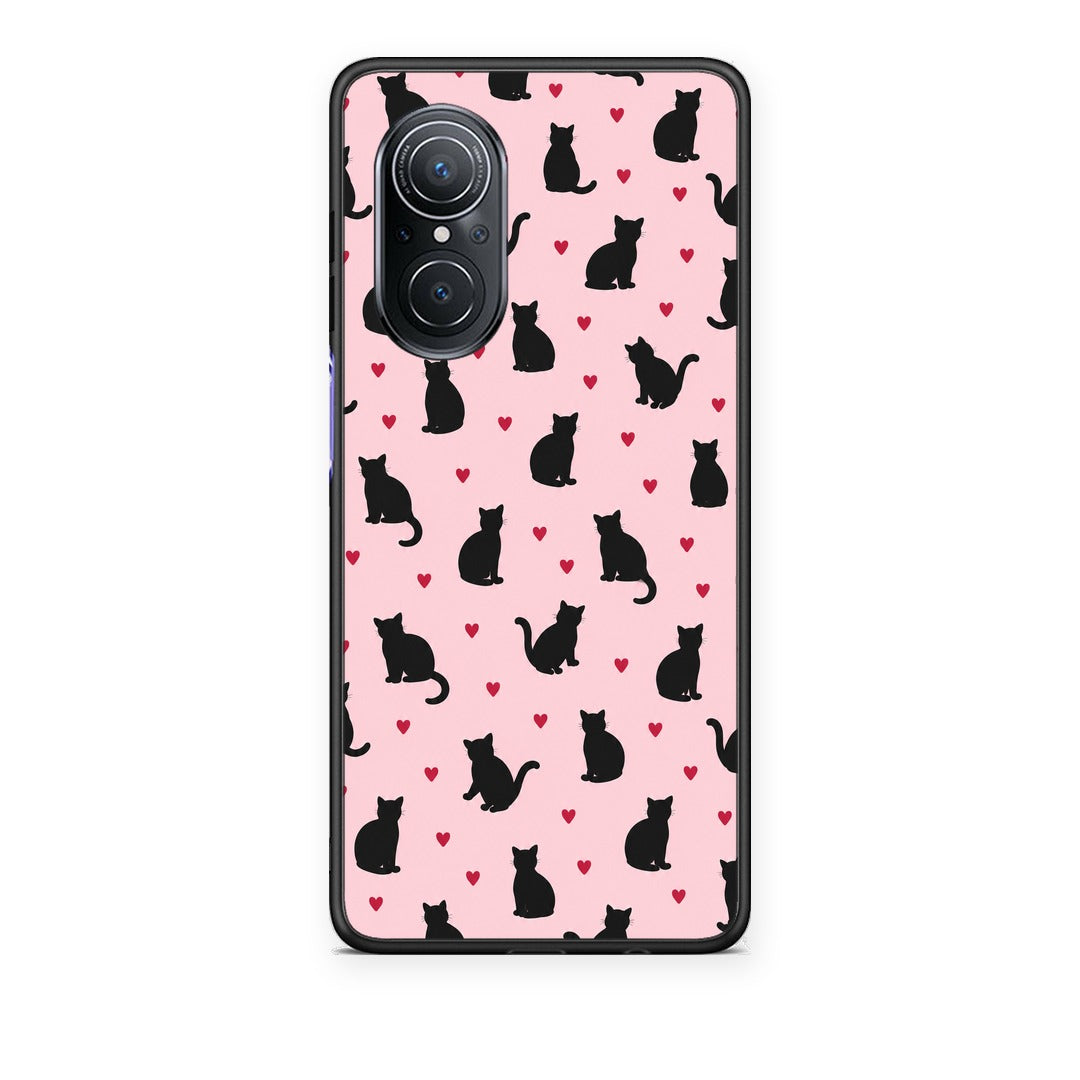 Θήκη Huawei Nova 9 SE Black Cat Silhouettes and Hearts on Pink από τη Smartfits με σχέδιο στο πίσω μέρος και μαύρο περίβλημα | Huawei Nova 9 SE Black Cat Silhouettes and Hearts on Pink case with colorful back and black bezels