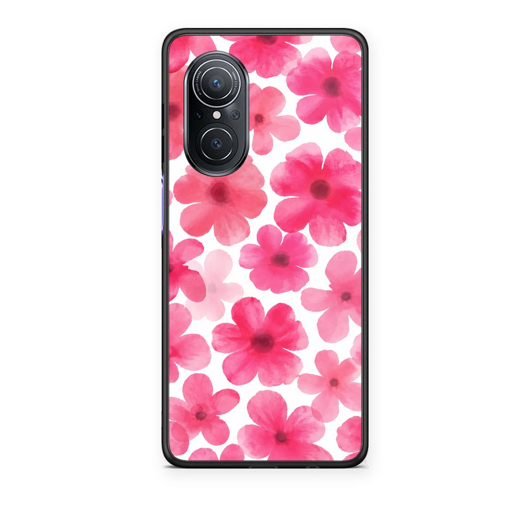 Θήκη Huawei Nova 9 SE Pink Watercolour Flowers on White από τη Smartfits με σχέδιο στο πίσω μέρος και μαύρο περίβλημα | Huawei Nova 9 SE Pink Watercolour Flowers on White case with colorful back and black bezels