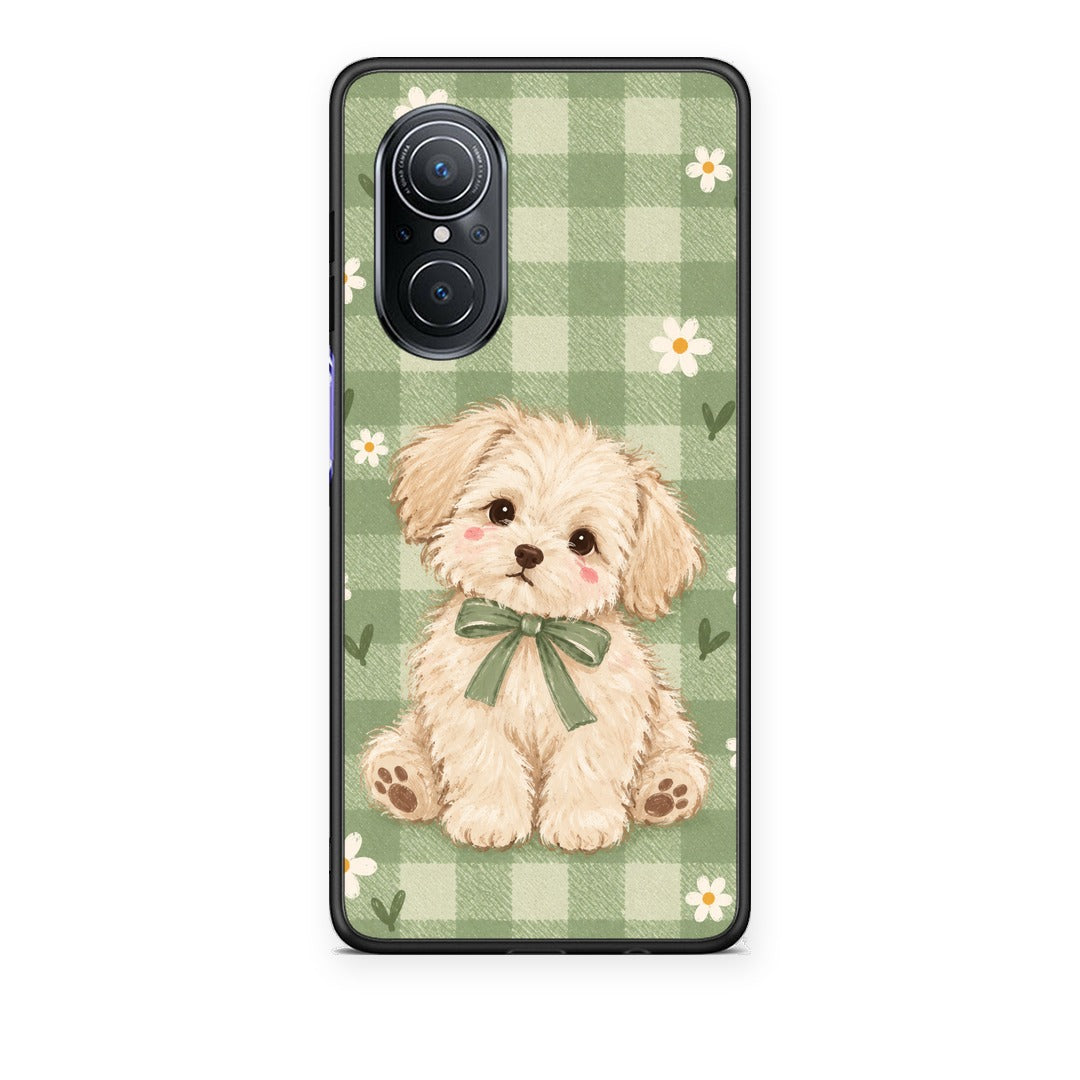 Θήκη Huawei Nova 9 SE Puppy and Daisies on Sage Gingham από τη Smartfits με σχέδιο στο πίσω μέρος και μαύρο περίβλημα | Huawei Nova 9 SE Puppy and Daisies on Sage Gingham case with colorful back and black bezels
